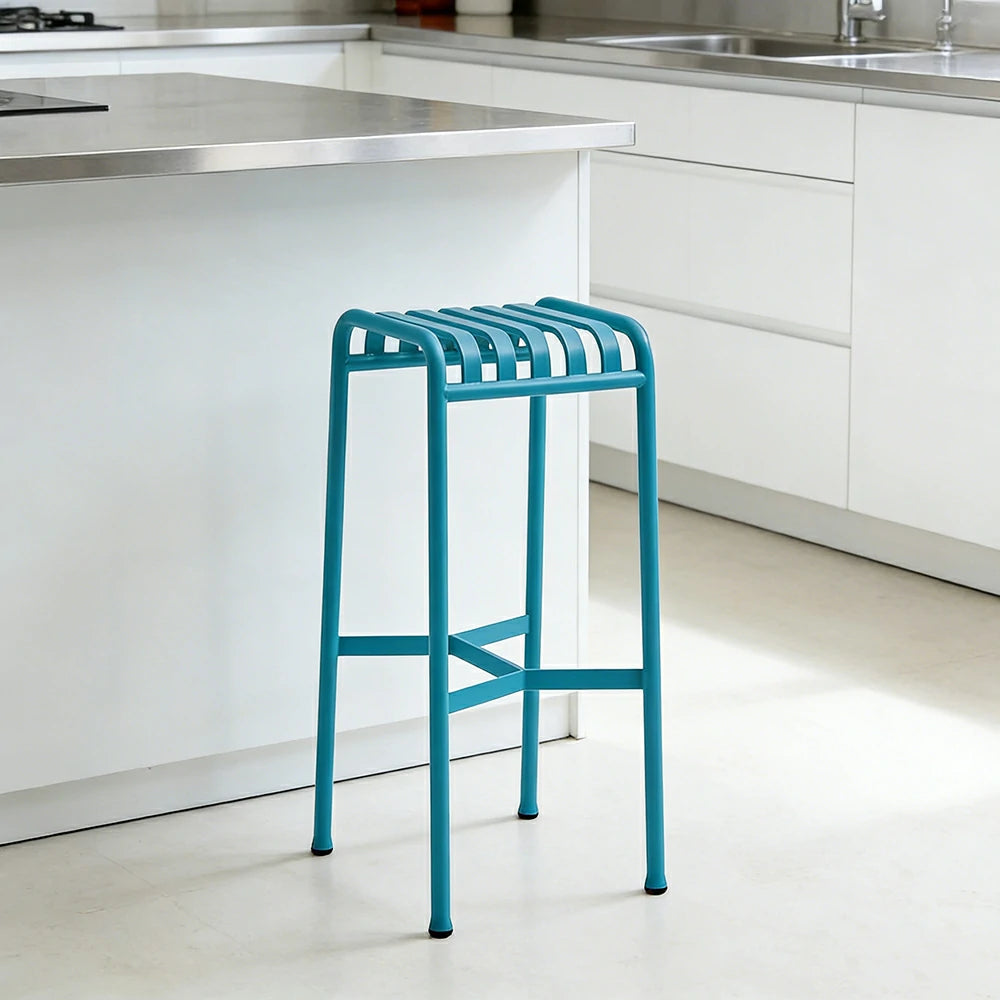 SOLARA Outdoor Metal Seating Collection - Bench, Lounger, Bar Stool & Dining Chair, Heavy-Duty Steel Frame, Weather-Resistant Finish - Light Blue