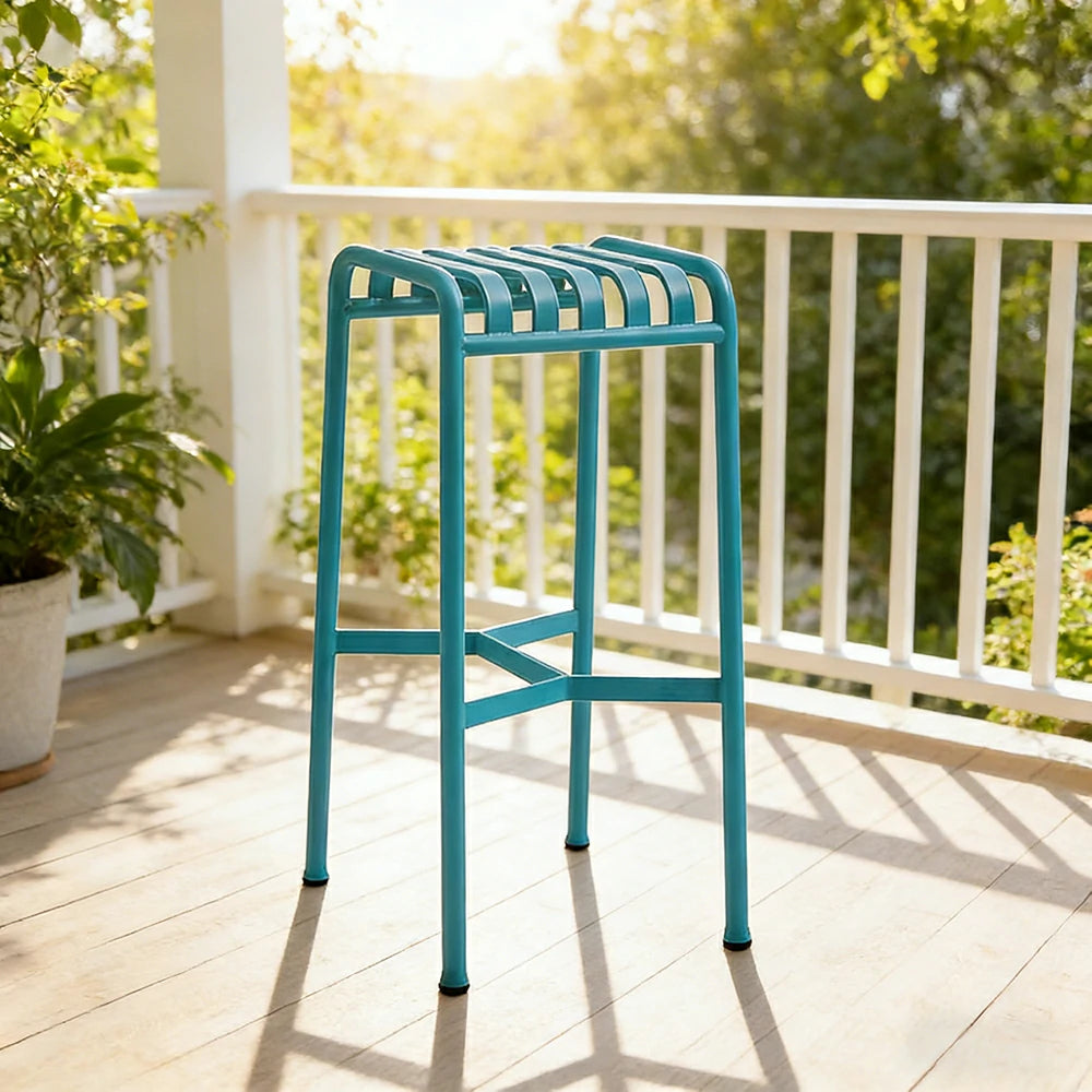SOLARA Outdoor Metal Seating Collection - Bench, Lounger, Bar Stool & Dining Chair, Heavy-Duty Steel Frame, Weather-Resistant Finish - Light Blue