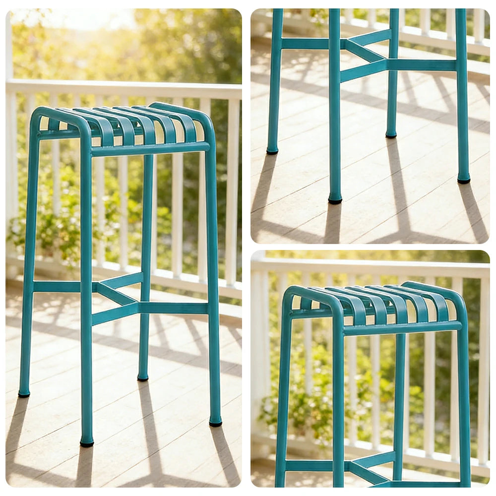 SOLARA Outdoor Metal Seating Collection - Bench, Lounger, Bar Stool & Dining Chair, Heavy-Duty Steel Frame, Weather-Resistant Finish - Light Blue