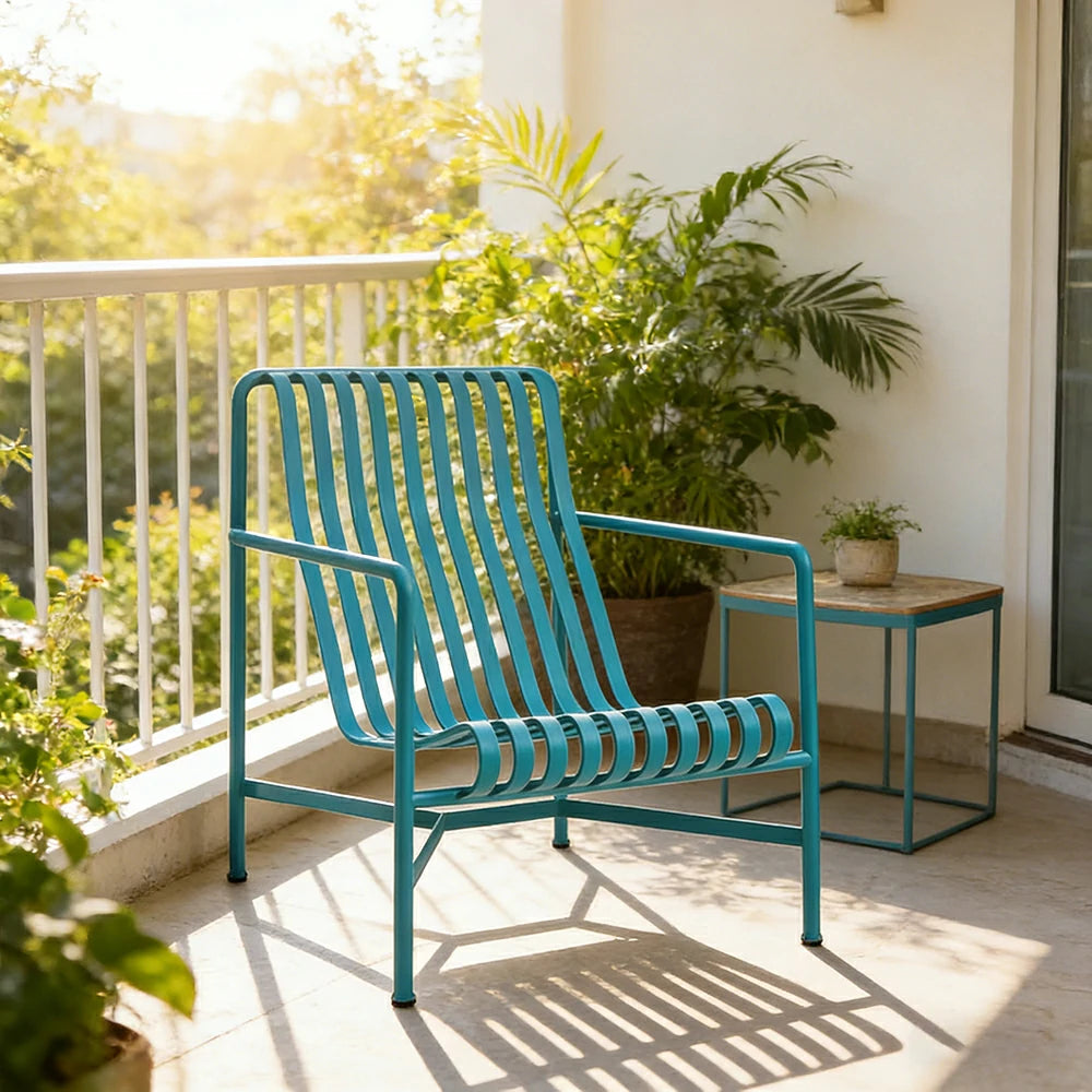 SOLARA Outdoor Metal Seating Collection - Bench, Lounger, Bar Stool & Dining Chair, Heavy-Duty Steel Frame, Weather-Resistant Finish - Light Blue