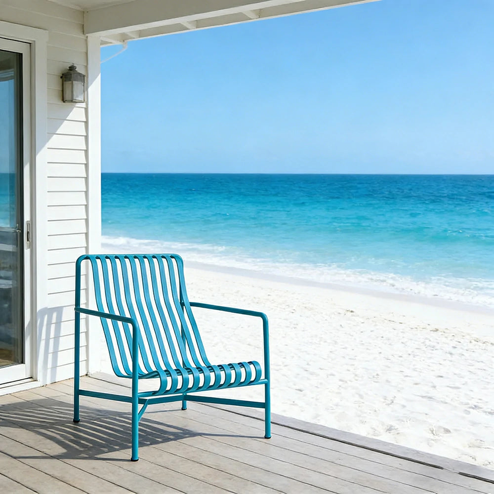 SOLARA Outdoor Metal Seating Collection - Bench, Lounger, Bar Stool & Dining Chair, Heavy-Duty Steel Frame, Weather-Resistant Finish - Light Blue