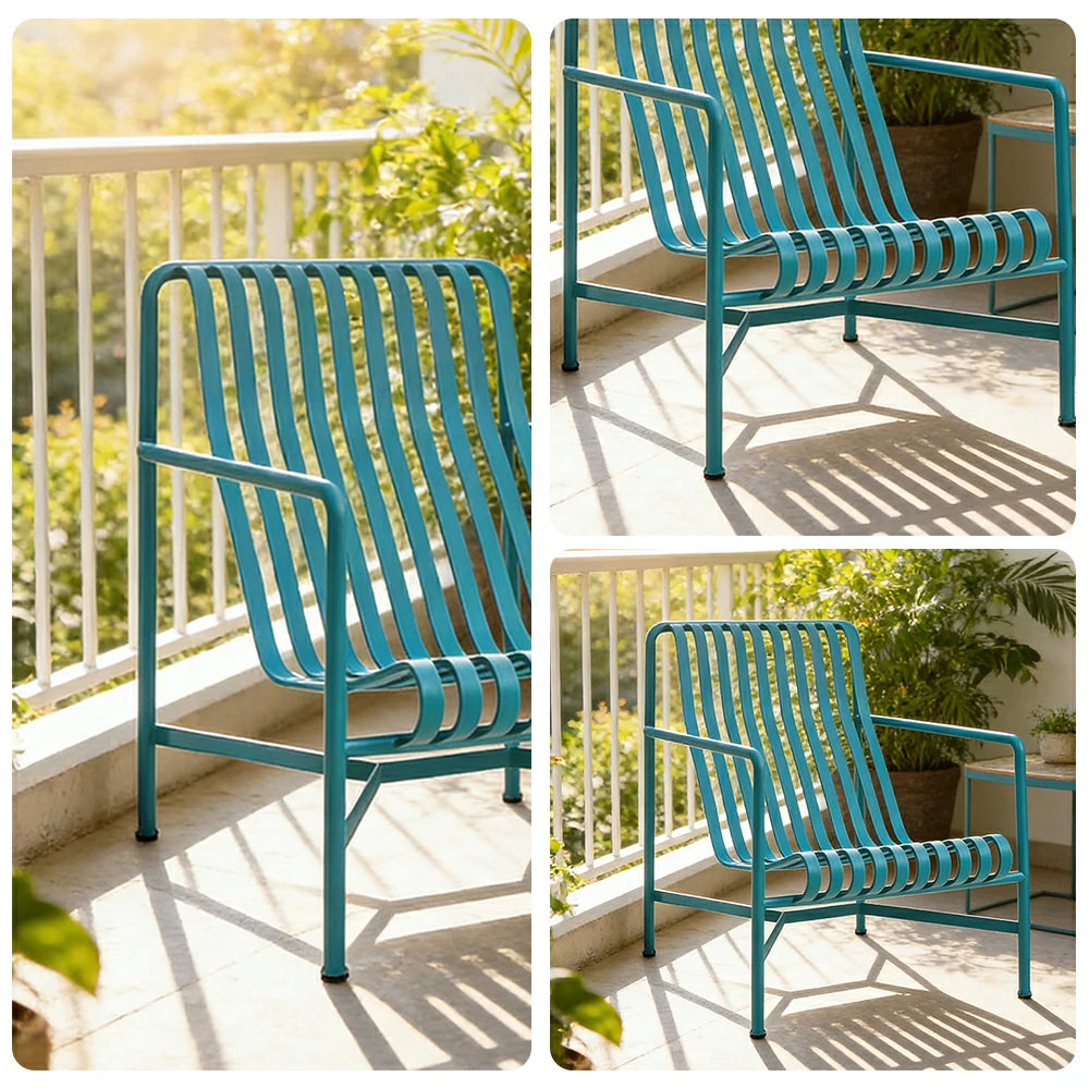 SOLARA Outdoor Metal Seating Collection - Bench, Lounger, Bar Stool & Dining Chair, Heavy-Duty Steel Frame, Weather-Resistant Finish - Light Blue