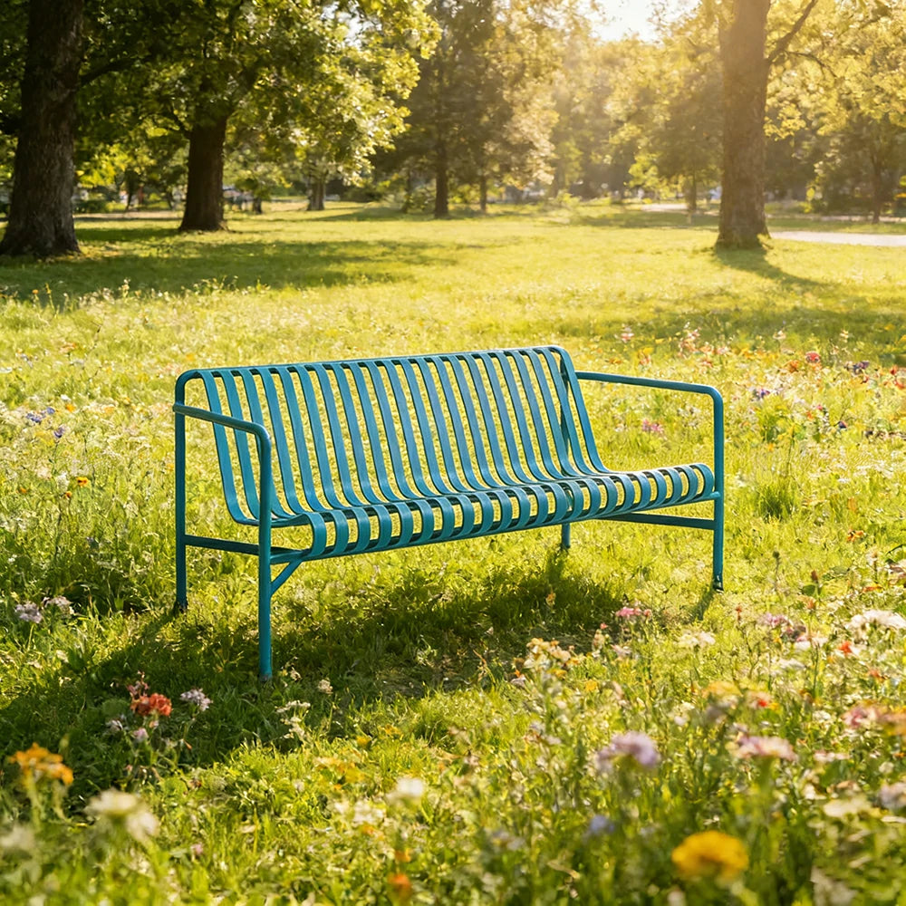 SOLARA Outdoor Metal Seating Collection - Bench, Lounger, Bar Stool & Dining Chair, Heavy-Duty Steel Frame, Weather-Resistant Finish - Light Blue