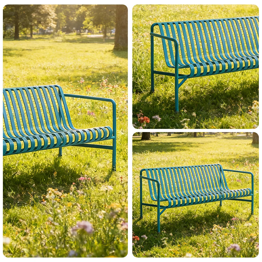 SOLARA Outdoor Metal Seating Collection - Bench, Lounger, Bar Stool & Dining Chair, Heavy-Duty Steel Frame, Weather-Resistant Finish - Light Blue