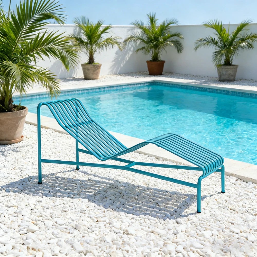 SOLARA Outdoor Metal Seating Collection - Bench, Lounger, Bar Stool & Dining Chair, Heavy-Duty Steel Frame, Weather-Resistant Finish - Light Blue