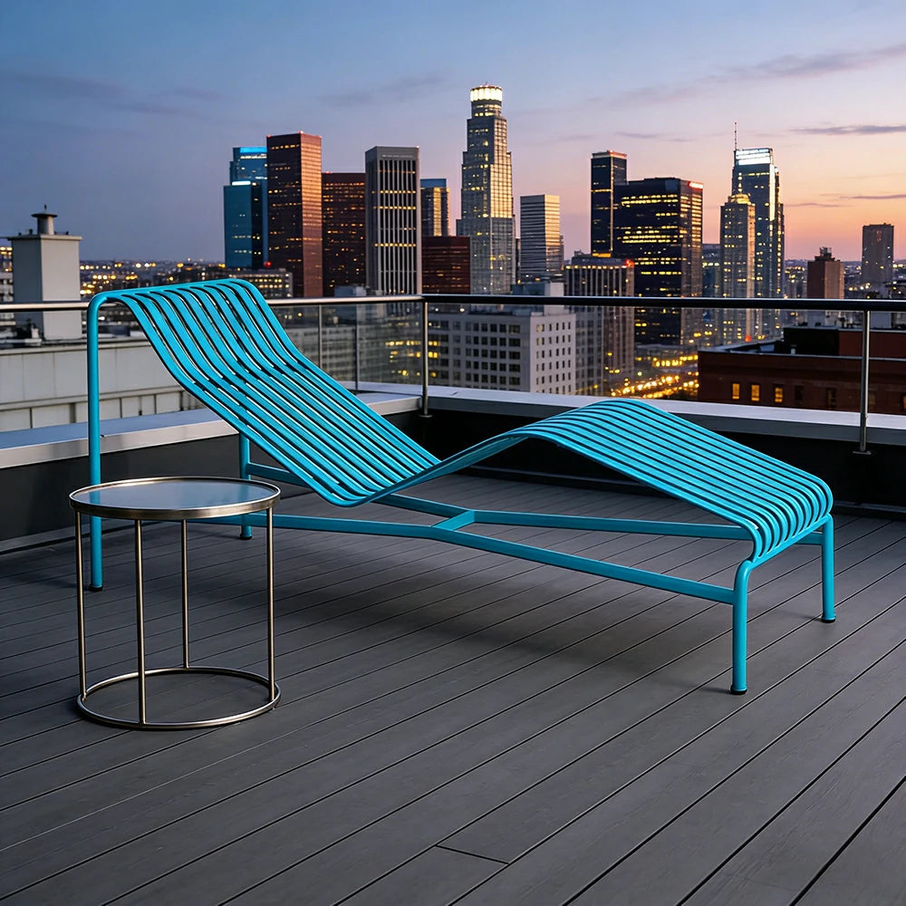 SOLARA Outdoor Metal Seating Collection - Bench, Lounger, Bar Stool & Dining Chair, Heavy-Duty Steel Frame, Weather-Resistant Finish - Light Blue