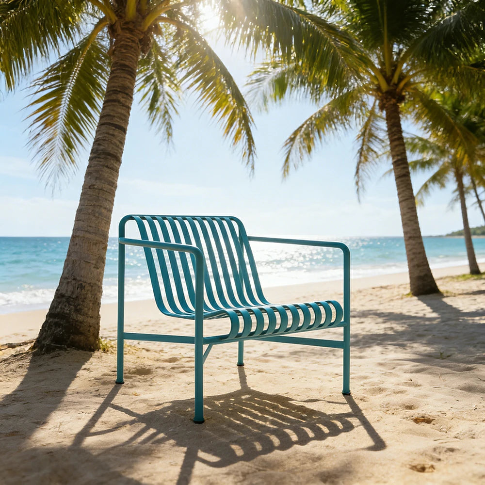 SOLARA Outdoor Metal Seating Collection - Bench, Lounger, Bar Stool & Dining Chair, Heavy-Duty Steel Frame, Weather-Resistant Finish - Light Blue