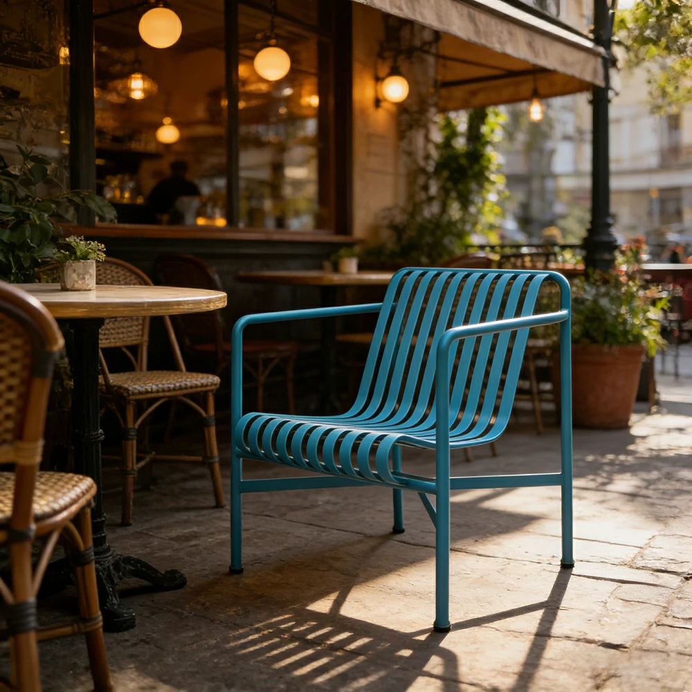 SOLARA Outdoor Metal Seating Collection - Bench, Lounger, Bar Stool & Dining Chair, Heavy-Duty Steel Frame, Weather-Resistant Finish - Light Blue