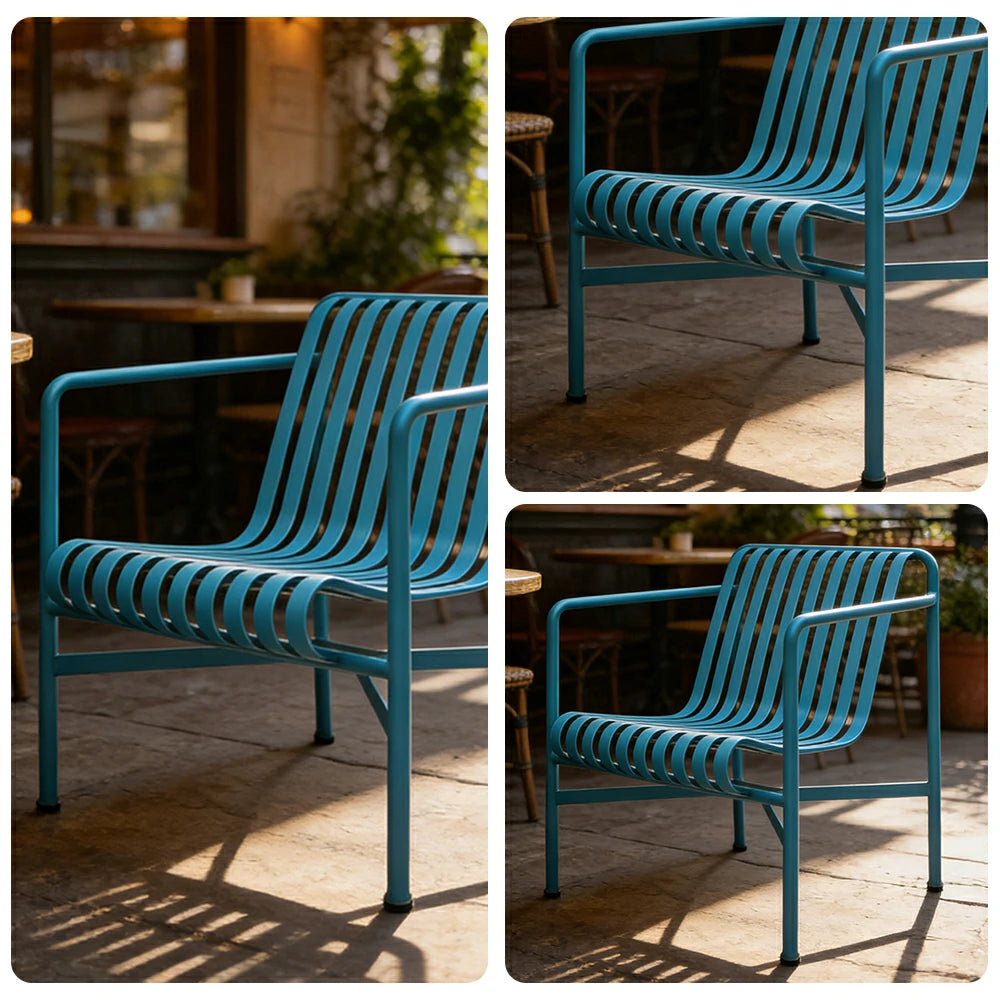 SOLARA Outdoor Metal Seating Collection - Bench, Lounger, Bar Stool & Dining Chair, Heavy-Duty Steel Frame, Weather-Resistant Finish - Light Blue