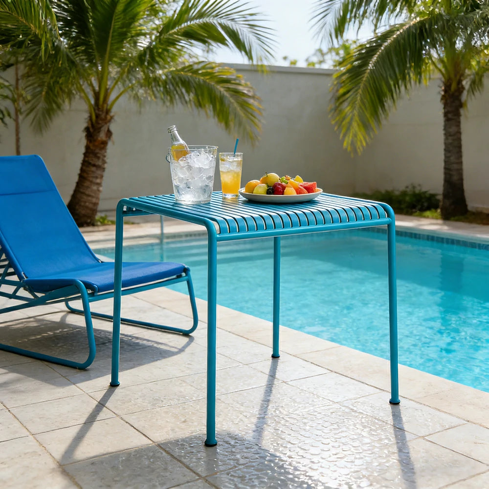SOLARA Outdoor Metal Furniture Collection - Coffee Table, Long Table, Low Table & Dining Table, Heavy-Duty Steel Frame, Weather-Resistant Finish - Light Blue