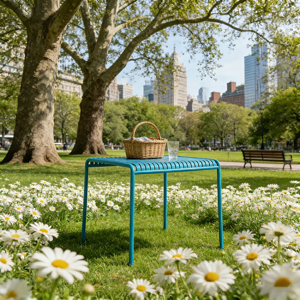SOLARA Outdoor Metal Furniture Collection - Coffee Table, Long Table, Low Table & Dining Table, Heavy-Duty Steel Frame, Weather-Resistant Finish - Light Blue