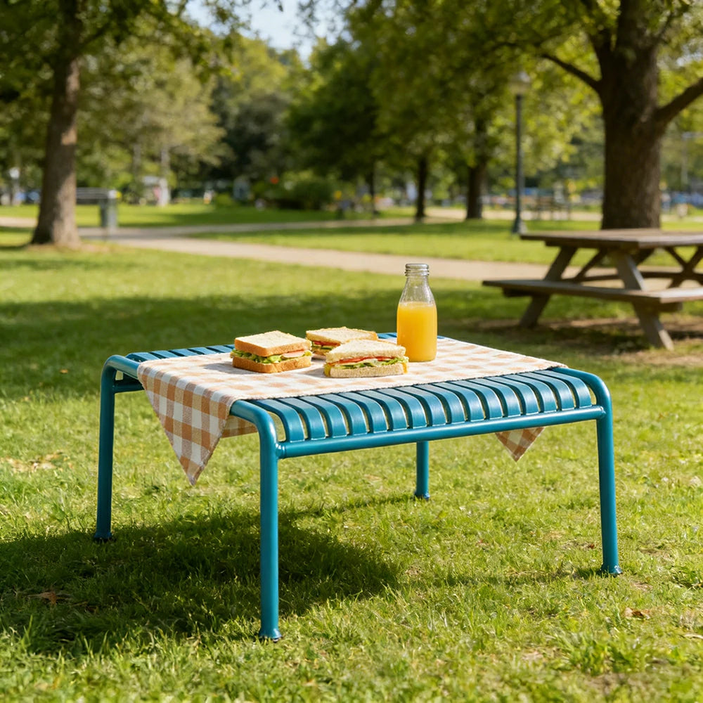 SOLARA Outdoor Metal Furniture Collection - Coffee Table, Long Table, Low Table & Dining Table, Heavy-Duty Steel Frame, Weather-Resistant Finish - Light Blue