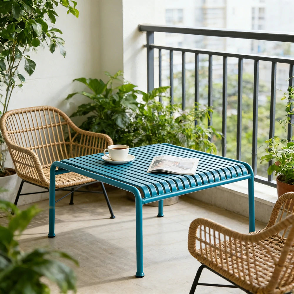 SOLARA Outdoor Metal Furniture Collection - Coffee Table, Long Table, Low Table & Dining Table, Heavy-Duty Steel Frame, Weather-Resistant Finish - Light Blue