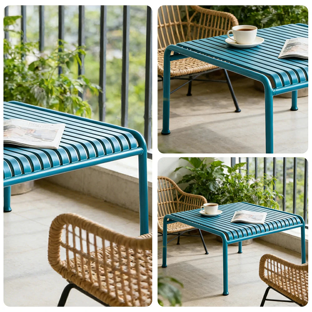SOLARA Outdoor Metal Furniture Collection - Coffee Table, Long Table, Low Table & Dining Table, Heavy-Duty Steel Frame, Weather-Resistant Finish - Light Blue