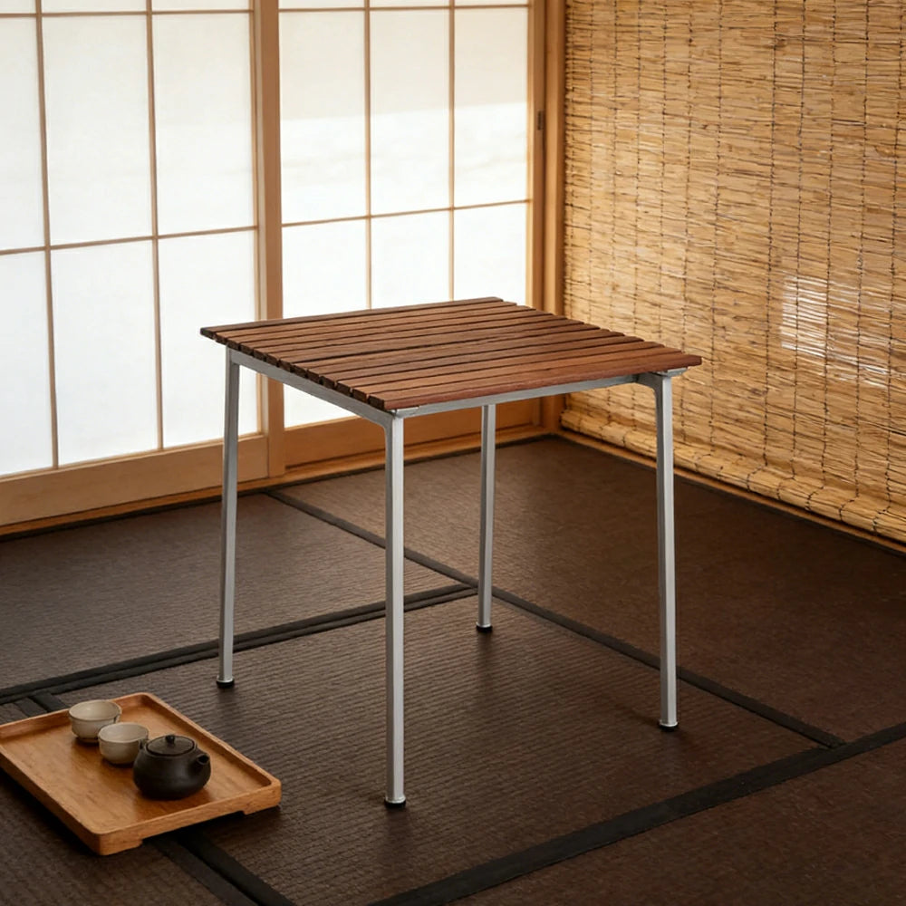 SOLARA Outdoor 75cm Table - Rust-Resistant Powder-Coated Frame - Solid Wood Slat Seat - Durable Patio & Balcony Seating