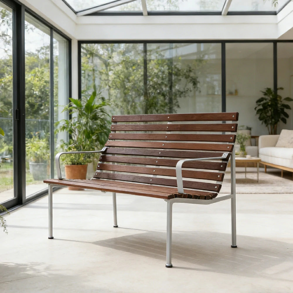 SOLARA Outdoor Lounge Bench - Rust-Resistant Powder-Coated Frame - Solid Wood Slat Seat - Durable Patio & Balcony Seating
