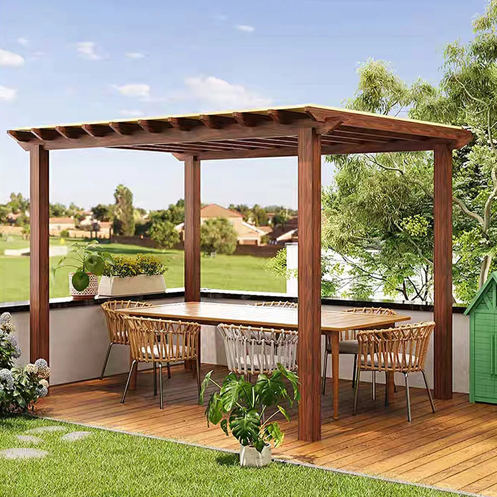 SOLARA Outdoor Pergola Canopy - Finnish Solid Wood Frame with Waterproof Curtain, 3m x 3m Garden & Patio Sunshade Pavilion - Brown
