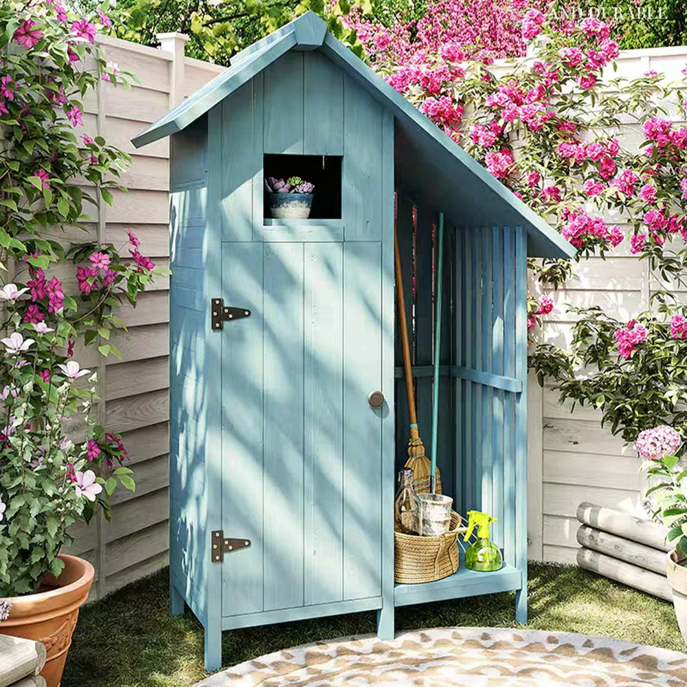 SOLARA Outdoor Tool Shed - Solid Wood Storage House with Multi-Shelf Design, Weather-Resistant Garden & Patio Organizer - Blue