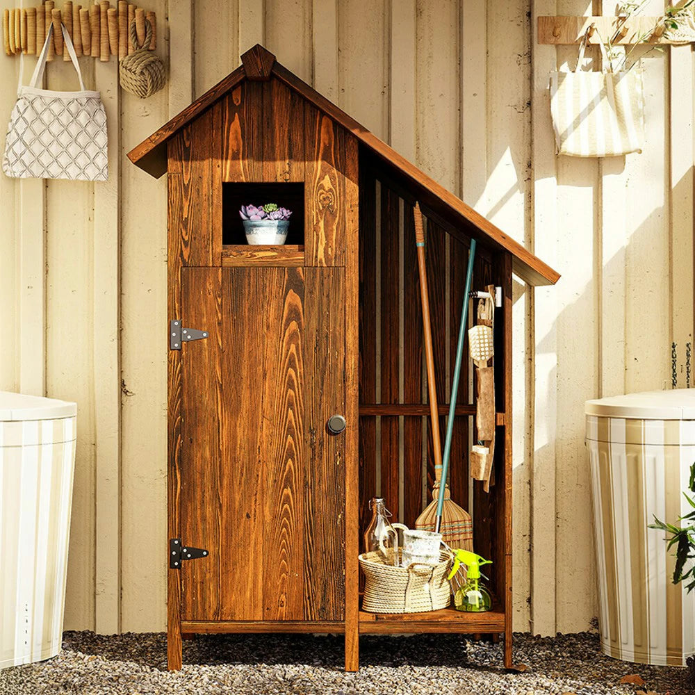 SOLARA Outdoor Tool Shed - Solid Wood Storage House with Multi-Shelf Design, Weather-Resistant Garden & Patio Organizer - Brown