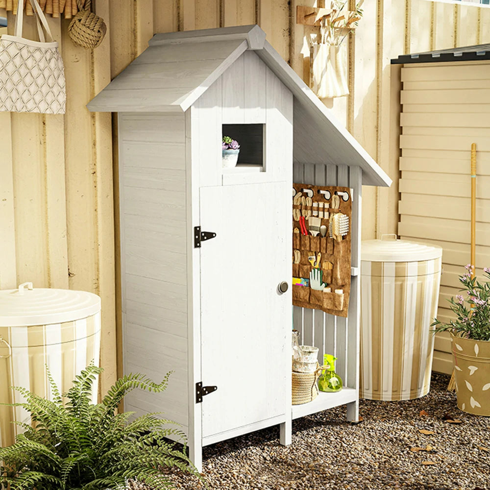 SOLARA Outdoor Tool Shed - Solid Wood Storage House with Multi-Shelf Design, Weather-Resistant Garden & Patio Organizer - White