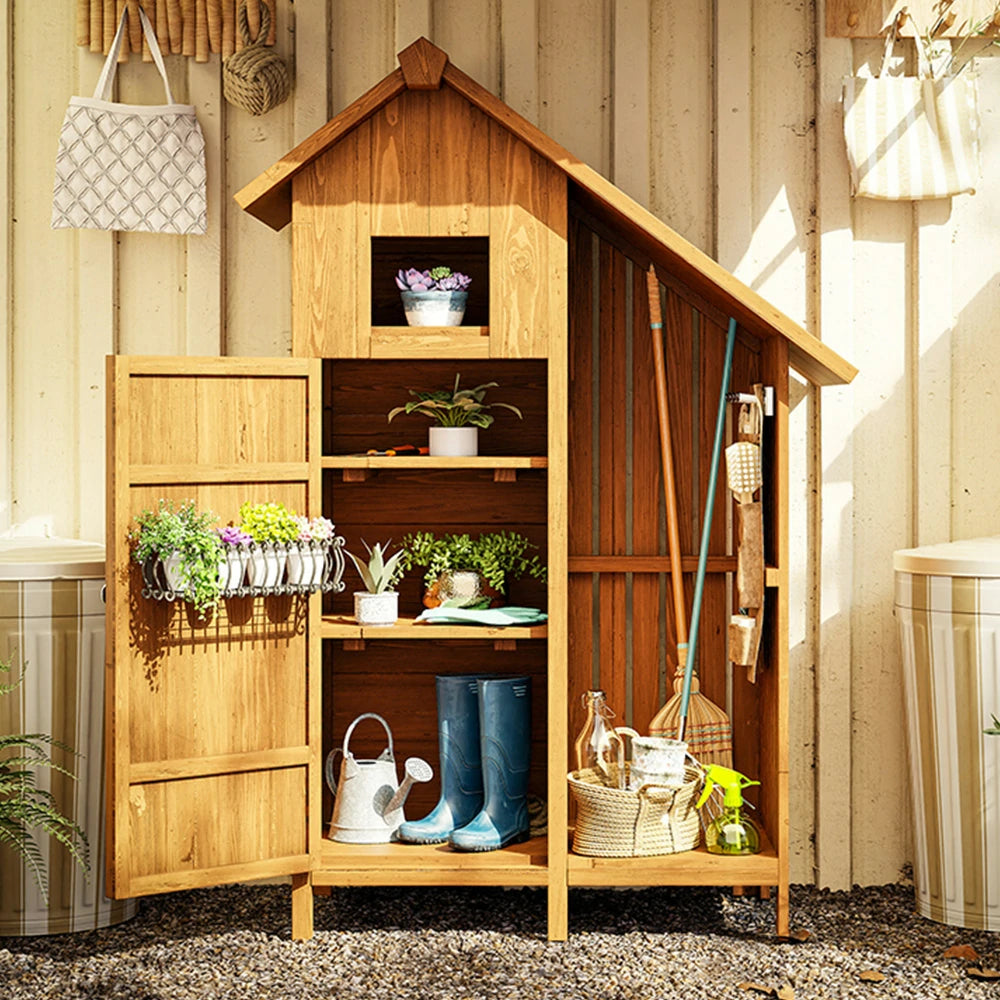 SOLARA Outdoor Tool Shed - Solid Wood Storage House with Multi-Shelf Design, Weather-Resistant Garden & Patio Organizer - Yellow