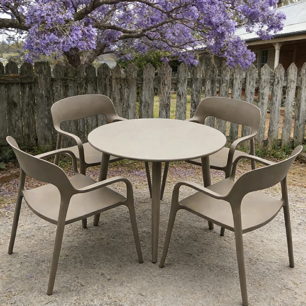 SOLARA Outdoor 4 Chairs 1 Round Table Set - Weather-Resistant Carbon Steel Table with Reinforced PP Chairs, Wide Comfortable Seating Patio Set - Champagne