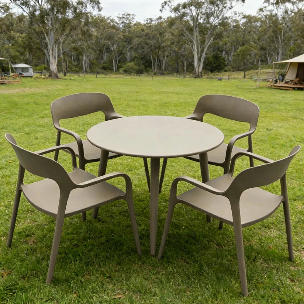 SOLARA Outdoor 4 Chairs 1 Round Table Set - Weather-Resistant Carbon Steel Table with Reinforced PP Chairs, Wide Comfortable Seating Patio Set - Champagne