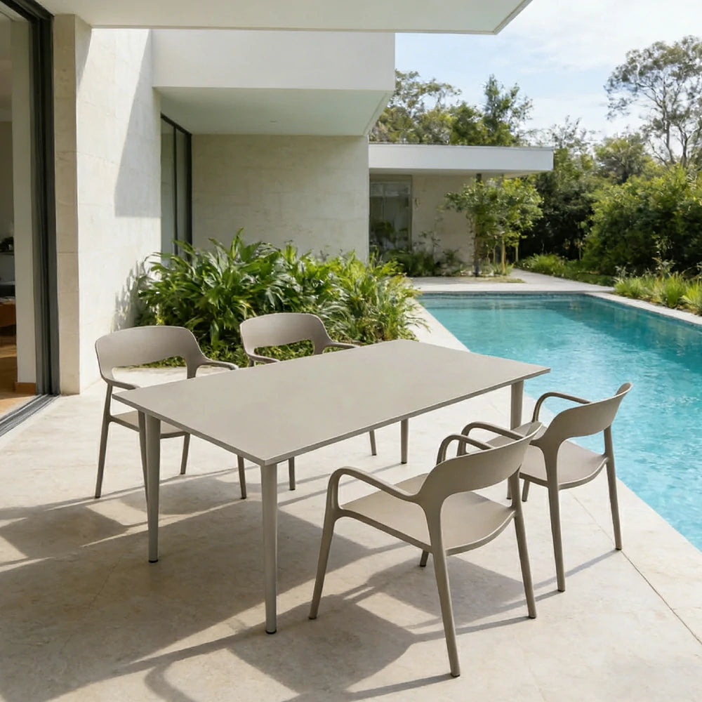 SOLARA Outdoor 4 Chairs 1 Long Table Set - Weather-Resistant Carbon Steel Table with Reinforced PP Chairs, Wide Comfortable Seating Patio Set - Champagne