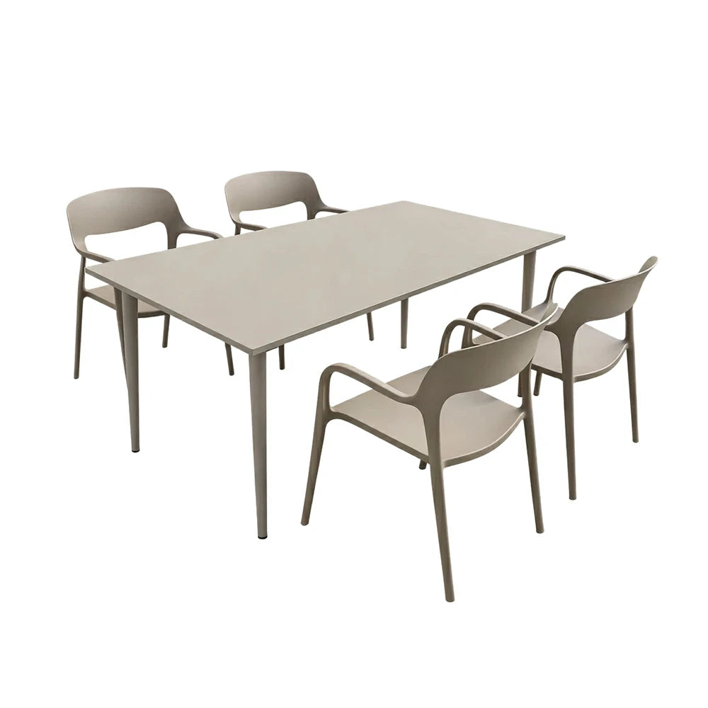SOLARA Outdoor 4 Chairs 1 Long Table Set - Weather-Resistant Carbon Steel Table with Reinforced PP Chairs, Wide Comfortable Seating Patio Set - Champagne