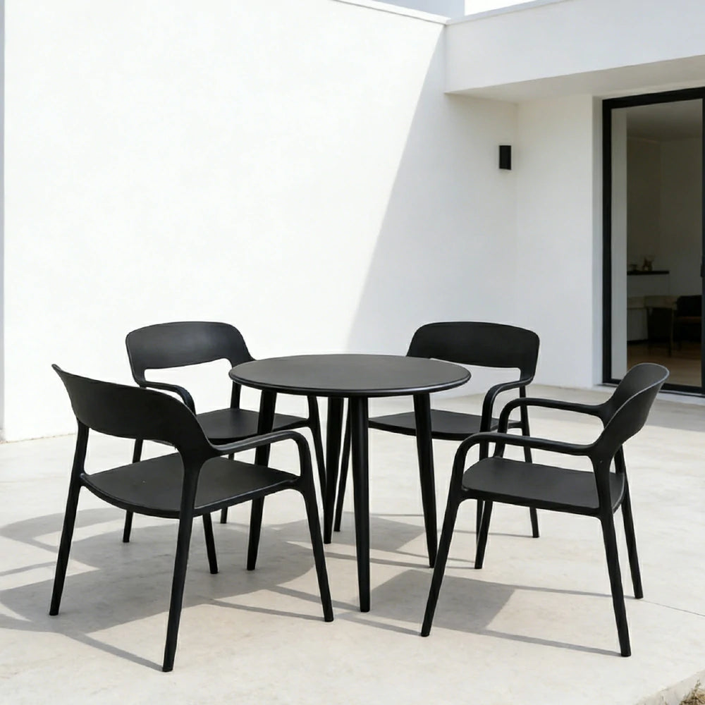 SOLARA Outdoor 4 Chairs 1 Round Table Set - Weather-Resistant Carbon Steel Table with Reinforced PP Chairs, Wide Comfortable Seating Patio Set - Black
