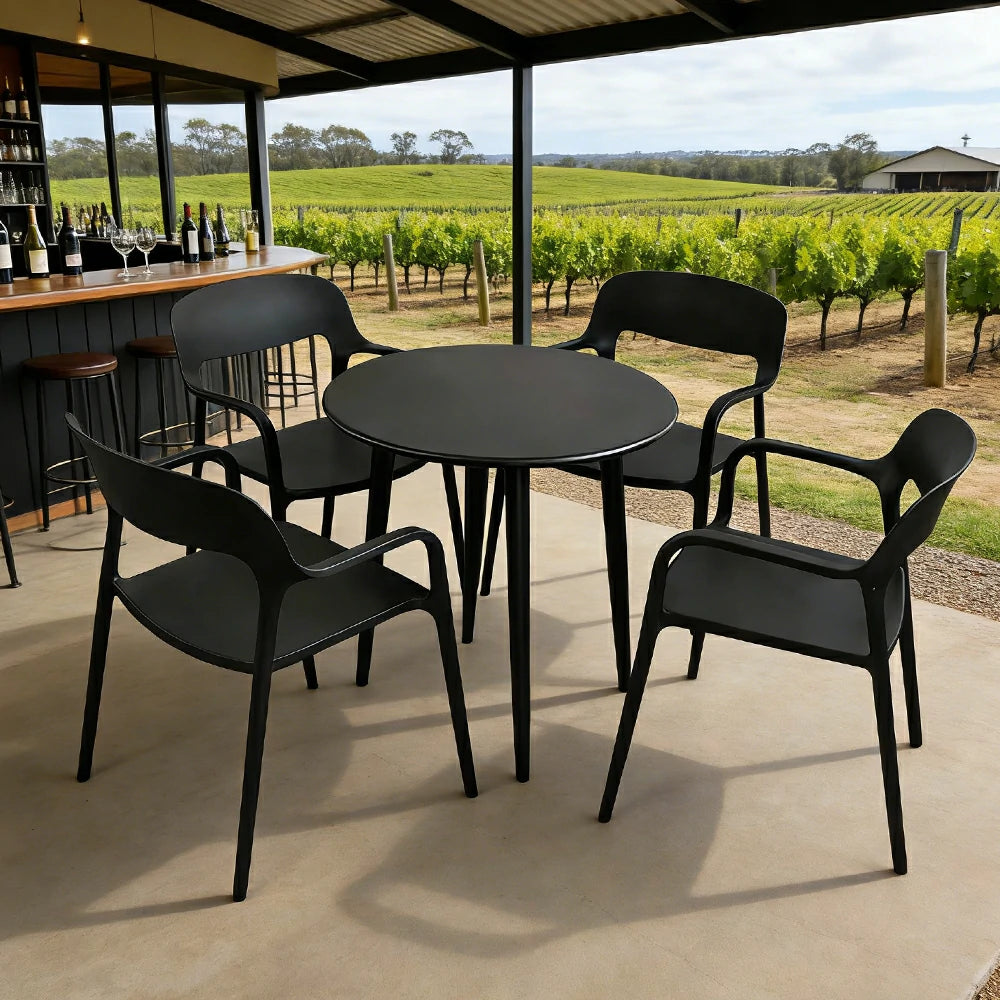 SOLARA Outdoor 4 Chairs 1 Round Table Set - Weather-Resistant Carbon Steel Table with Reinforced PP Chairs, Wide Comfortable Seating Patio Set - Black