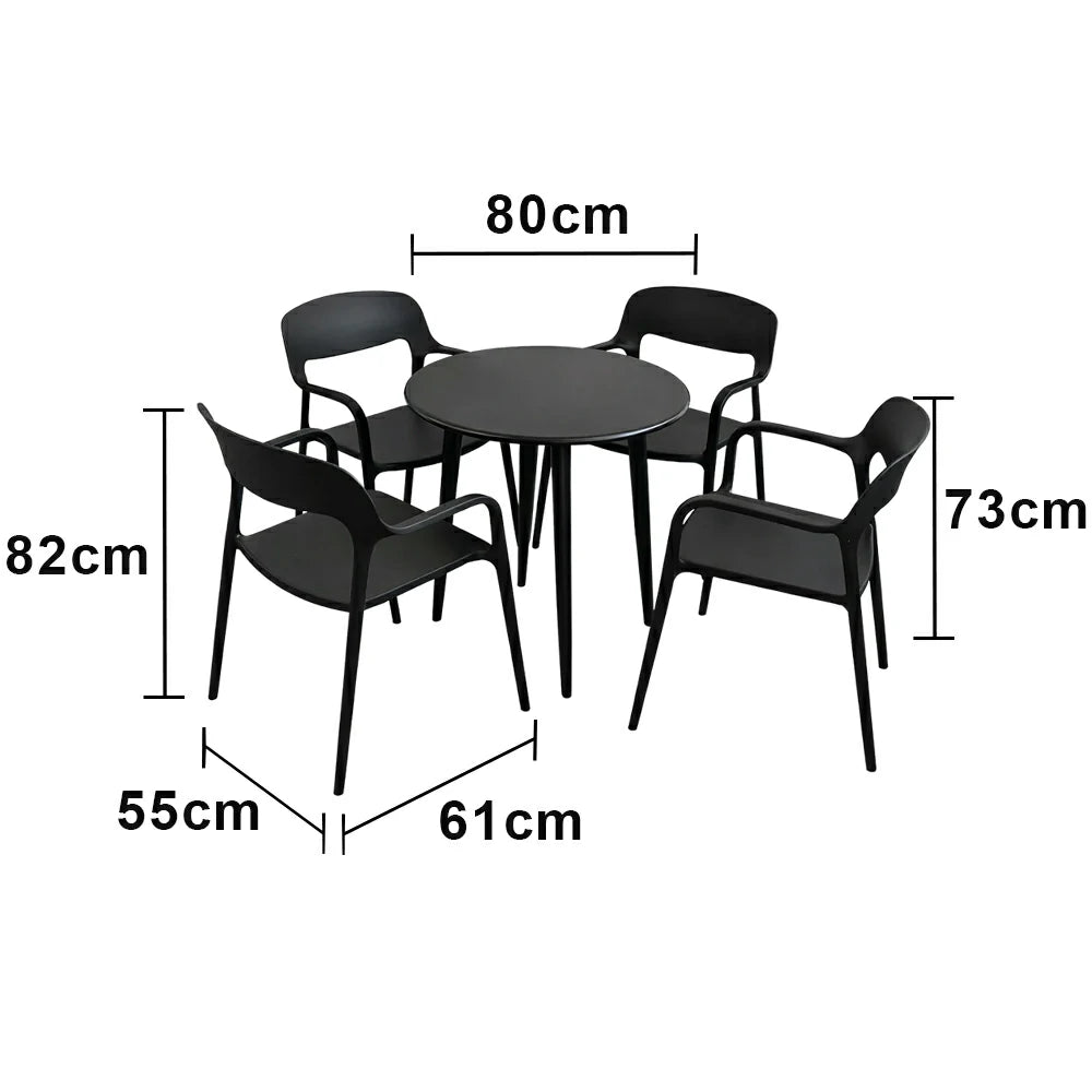 SOLARA Outdoor 4 Chairs 1 Round Table Set - Weather-Resistant Carbon Steel Table with Reinforced PP Chairs, Wide Comfortable Seating Patio Set - Black
