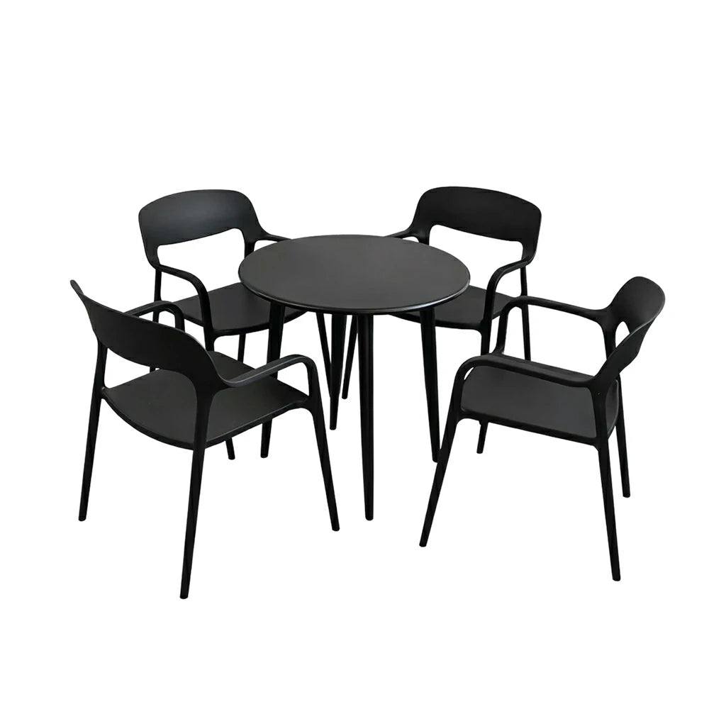 SOLARA Outdoor 4 Chairs 1 Round Table Set - Weather-Resistant Carbon Steel Table with Reinforced PP Chairs, Wide Comfortable Seating Patio Set - Black
