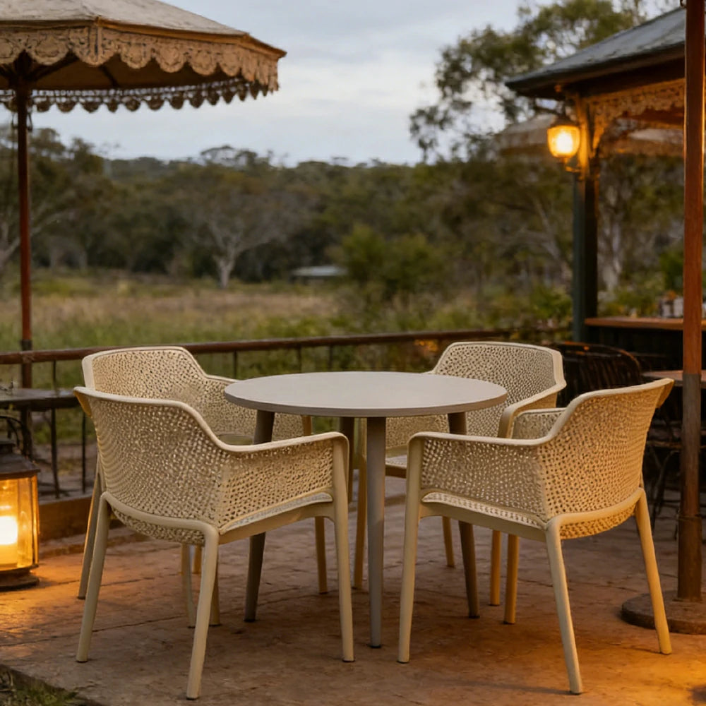 SOLARA Patio 4 Chairs 1 Round Table Set - Carbon Steel Round Table with Reinforced PP Chairs, Durable Garden Balcony Dining Set - Champagne