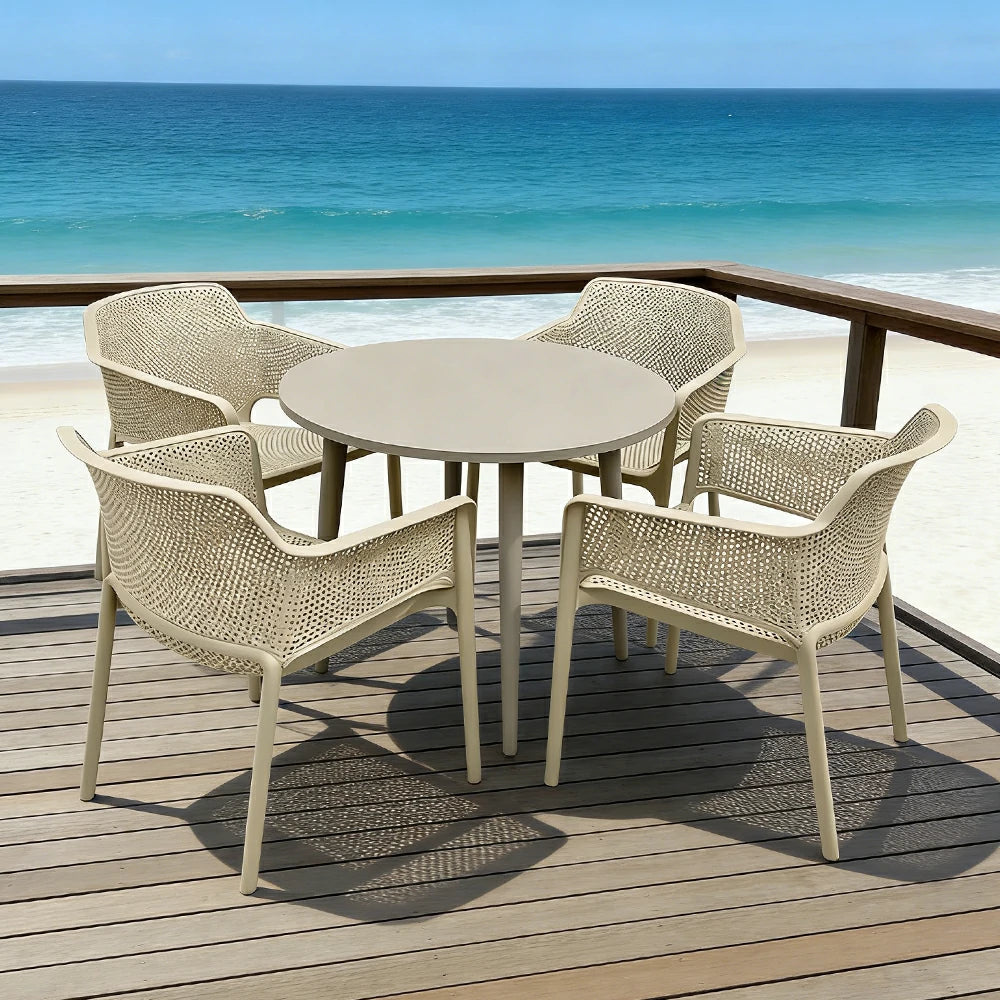 SOLARA Patio 4 Chairs 1 Round Table Set - Carbon Steel Round Table with Reinforced PP Chairs, Durable Garden Balcony Dining Set - Champagne