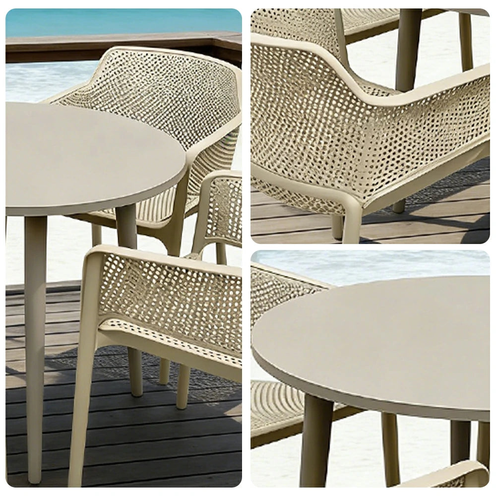 SOLARA Patio 4 Chairs 1 Round Table Set - Carbon Steel Round Table with Reinforced PP Chairs, Durable Garden Balcony Dining Set - Champagne