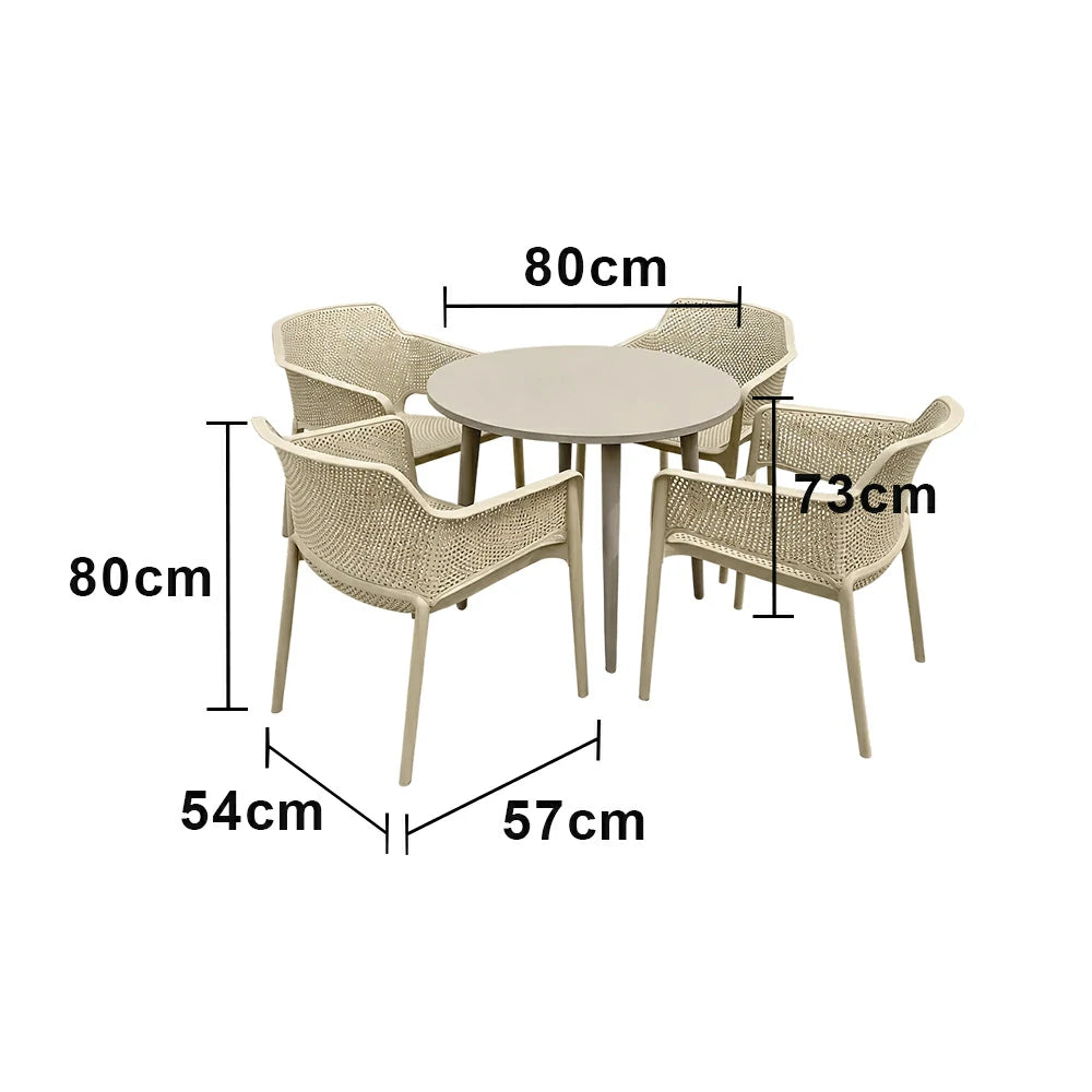 SOLARA Patio 4 Chairs 1 Round Table Set - Carbon Steel Round Table with Reinforced PP Chairs, Durable Garden Balcony Dining Set - Champagne