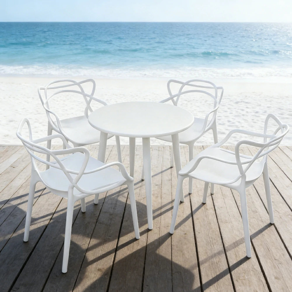 SOLARA Patio 4 Chairs 1 Round Table Set - Carbon Steel Round Table with Reinforced PP Chairs, Durable Garden Balcony Dining Set - White
