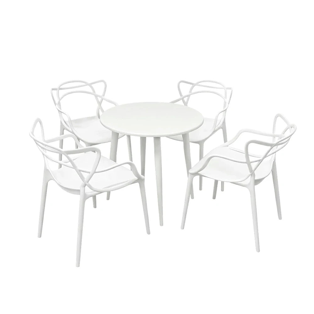 SOLARA Patio 4 Chairs 1 Round Table Set - Carbon Steel Round Table with Reinforced PP Chairs, Durable Garden Balcony Dining Set - White