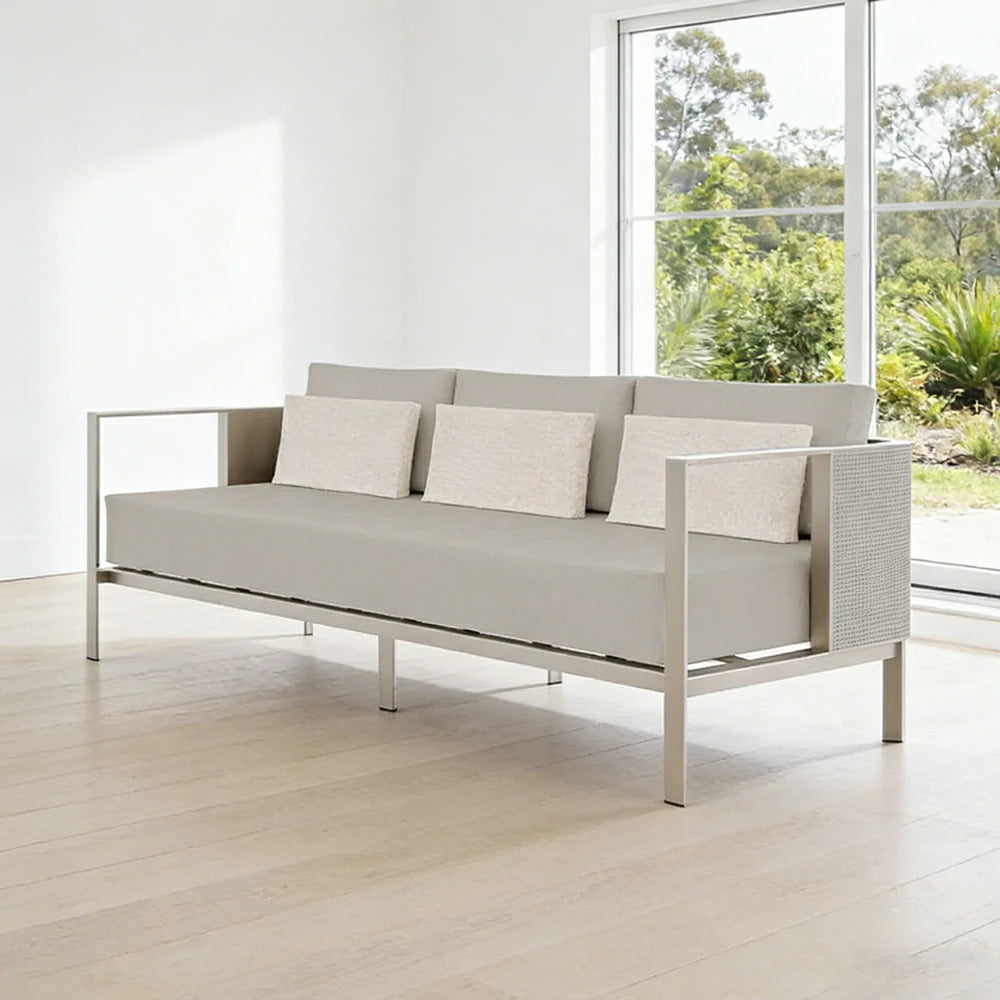 SOLARA Outdoor 3-Seater Sofa - Waterproof Fabric Cushions, Full Stainless Steel Frame, Rust-Resistant & Durable Patio Lounge - Beige