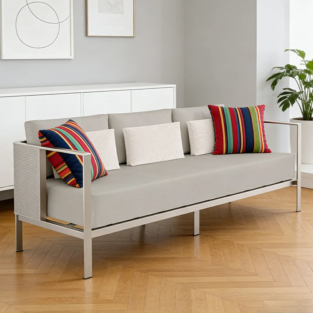 SOLARA Outdoor 3-Seater Sofa - Waterproof Fabric Cushions, Full Stainless Steel Frame, Rust-Resistant & Durable Patio Lounge - Beige