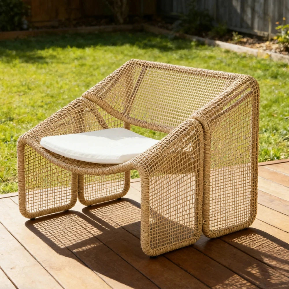 SOLARA Outdoor Rattan Armchair - Ergonomic Comfort Cushion, Powder-Coated Aluminium Frame, Square-Weave Rattan Patio Lounge Chair - Natural