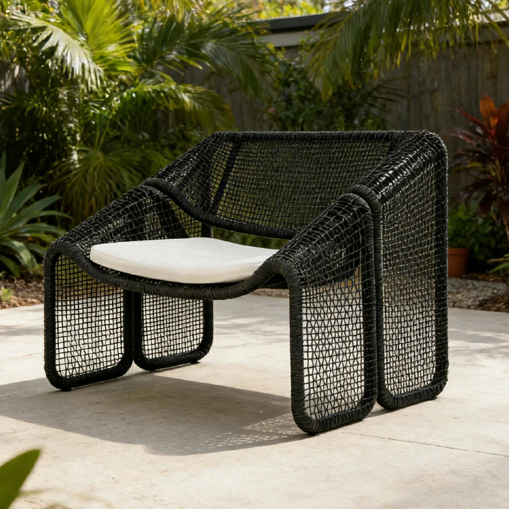 SOLARA Outdoor Rattan Armchair - Ergonomic Comfort Cushion, Powder-Coated Aluminium Frame, Square-Weave Rattan Patio Lounge Chair - Black