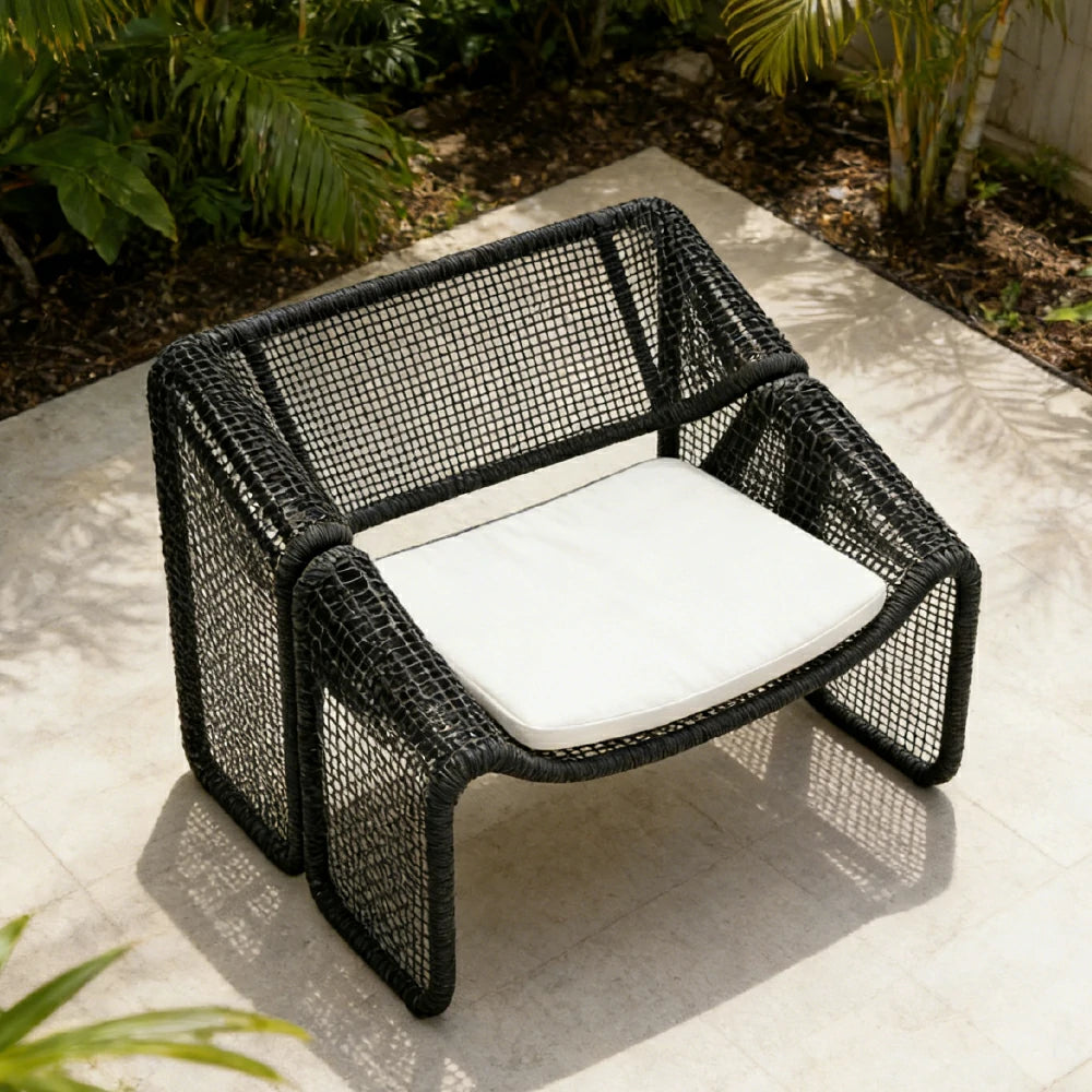 SOLARA Outdoor Rattan Armchair - Ergonomic Comfort Cushion, Powder-Coated Aluminium Frame, Square-Weave Rattan Patio Lounge Chair - Black