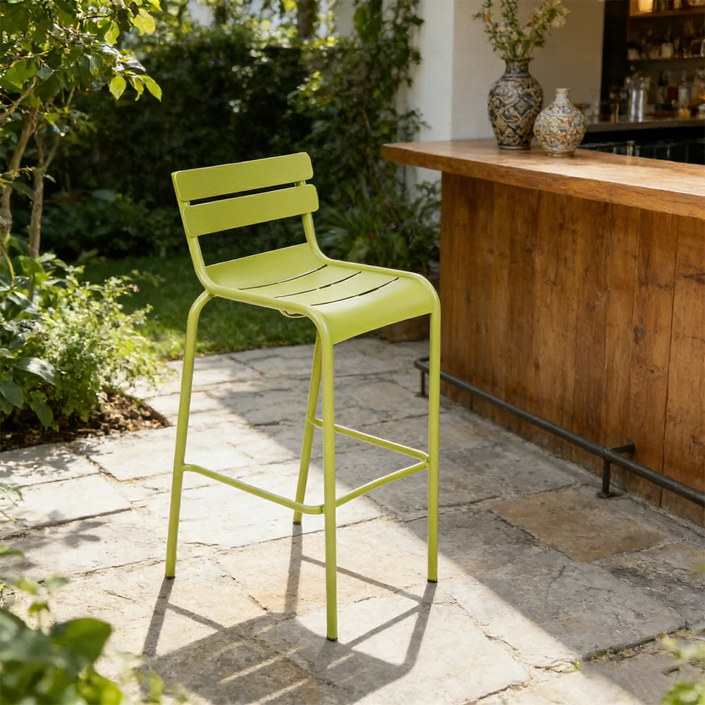 SOLARA Outdoor Bar Stool - Lightweight Aluminum Frame, Rust-Resistant Coating, Stacks Up to 6 Chairs, Perfect for Balcony, Patio & Dining Spaces - Green