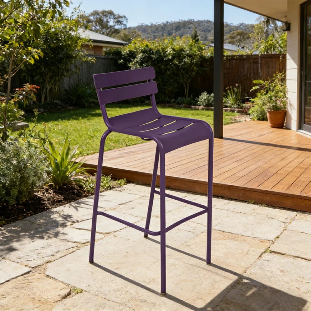 SOLARA Outdoor Bar Stool - Lightweight Aluminum Frame, Rust-Resistant Coating, Stacks Up to 6 Chairs, Perfect for Balcony, Patio & Dining Spaces - Purple