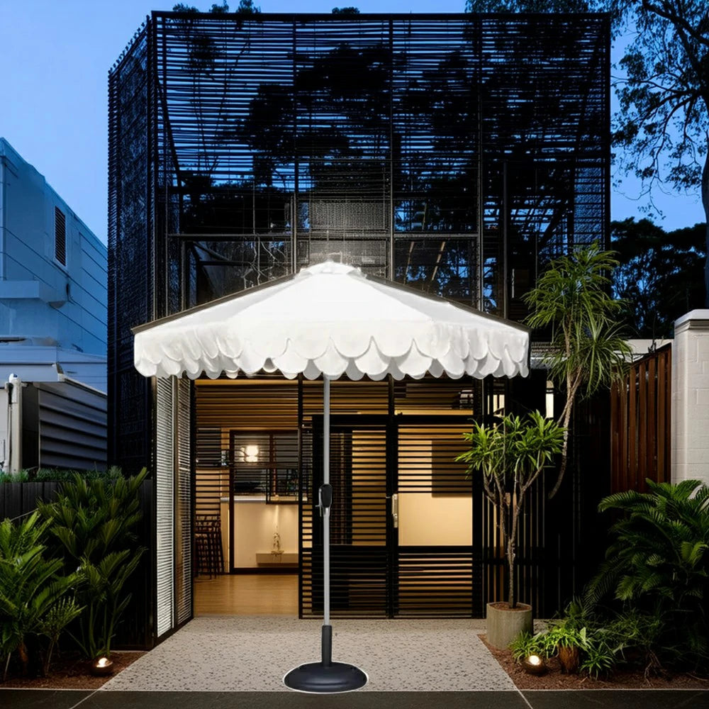 SOLARA Outdoor Patio Umbrella - 210/250cm Double-Layer Canopy with Elegant Valance, Brushed Aluminium Frame, Sunshade & Rain Protection, Water-Filled Base Included - White