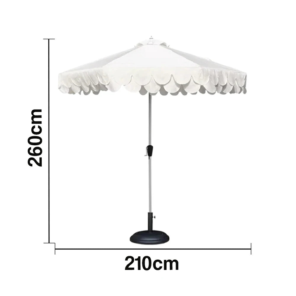 SOLARA Outdoor Patio Umbrella - 210/250cm Double-Layer Canopy with Elegant Valance, Brushed Aluminium Frame, Sunshade & Rain Protection, Water-Filled Base Included - White