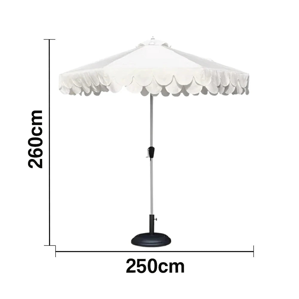 SOLARA Outdoor Patio Umbrella - 210/250cm Double-Layer Canopy with Elegant Valance, Brushed Aluminium Frame, Sunshade & Rain Protection, Water-Filled Base Included - White