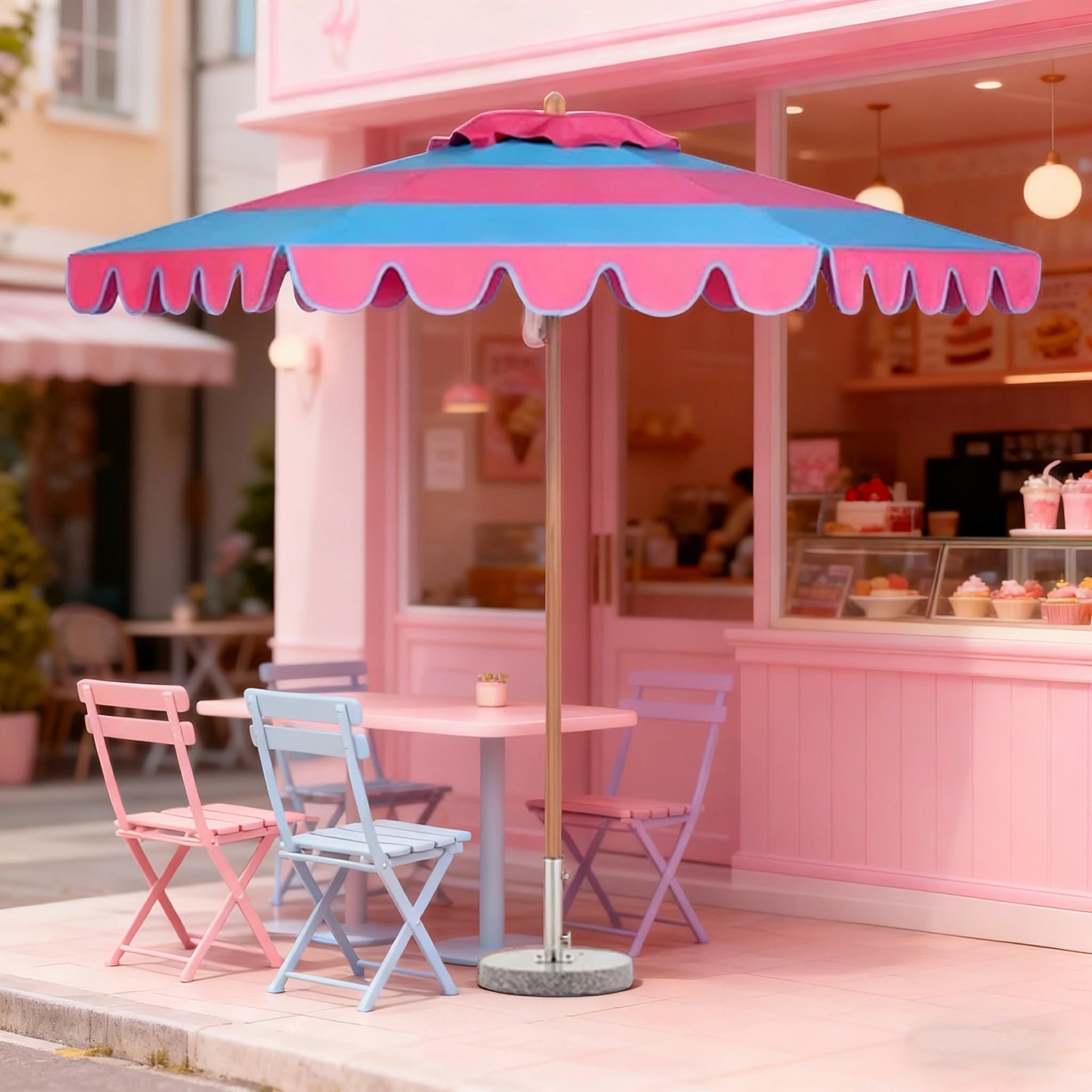 SOLARA Outdoor Patio Umbrella - 210/250cm Single-Layer Canopy with Elegant Valance, Brushed Aluminium Frame, Sunshade & Rain Protection, Water-Filled Base Included - Red & Blue